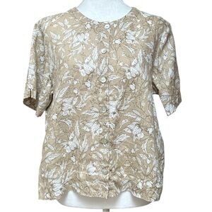 Orvis 100% Linen Shell Button Front Floral Short Sleeve Top Medium 10-12